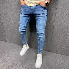 Calças jeans skinny rasgadas elásticas masculinas, bordado branco, algodão, hip hop, buraco negro, slim fit, calças jeans grandes, alta qualidade