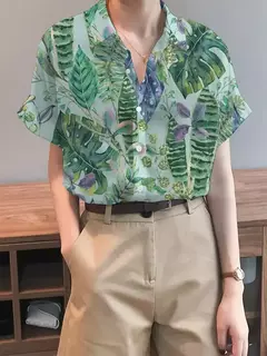 Camisa feminina colorida em 3D com estampa floral, tops de manga curta, botão, gola elegante, primavera e outono, 2024 - loja online