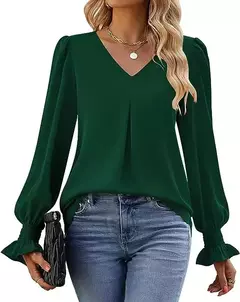 Nova camisa feminina de chiffon de cor sólida com decote em v pulôver queimado manga comprida camisa superior senhora do escritório elegante cáqui blusas soltas