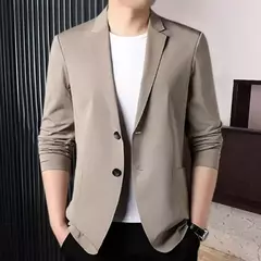 Imagem do Blazers de negócios monocromáticos masculinos, blazers slim fit, botões duplos, lapela, mangas 3/4, terno de deslocamento, casaco do noivo