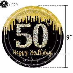 Artigos para Festa de Aniversário para Homens e Mulheres, Preto e Dourado, 50 Anos, Pratos De Papel, Copos, Guardanapo, Toalha De Mesa, Louça Decoração