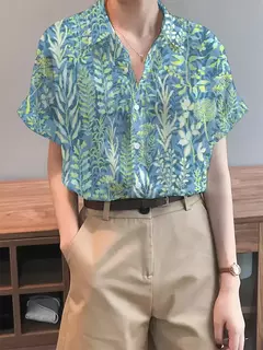 Imagem do Camisa feminina colorida em 3D com estampa floral, tops de manga curta, botão, gola elegante, primavera e outono, 2024