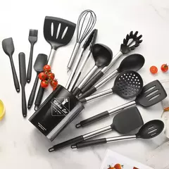 Conjunto De Utensílios De Cozinha De Silicone Preto, Panelas Antiaderentes, Punho De Aço Inoxidável, Espátula, Batedores De Ovo, Acessórios De Utensílios De Cozinha, 15Pcs - Wolf Magazine