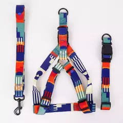 Conjunto de três peças de peito e arnês abstrato, padrão geométrico, emenda multicolorida, peito de animal de estimação e coleira de arnês com 1 peça