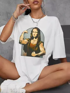 Camiseta de algodão de manga curta feminina, estampa fitness, extragrande, casual, solta, jogando jogadores na Mona Lisa na internet