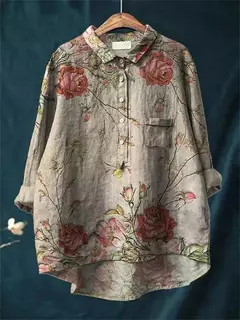 Sardinha de peixe retrô casual feminina arte camisa de bolso manga longa, camisas estampadas estilo havaiano, tops com gola v, verão