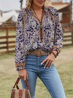 Blusa de manga comprida boêmia feminina, túnica primavera e outono - comprar online