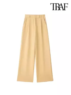 Imagem do TRAF-Calça de perna larga feminina com bolsos frontais, vintage, cintura alta, mosca com zíper, calça feminina, moda