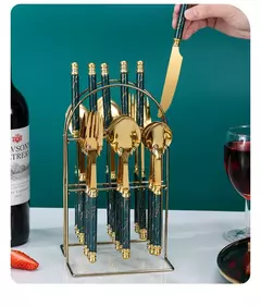 Louça de aço inoxidável com contas duplas, Rack com alça de plástico, faca de bife, garfo e colher, presentes high-end, 24PCs - loja online