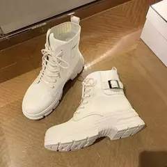 Botas de combate com cordões em couro PU para mulheres, bota branca, sola grossa, sapatos de plataforma, borracha, vaqueiro, fêmea, outono, inverno, novo