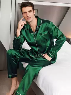 Imagem do Conjunto de pijama cetim de seda masculino pijama de manga comprida pijama masculino, roupa noturna em casa, espreguiçadeira tamanho grande, camisa de inverno