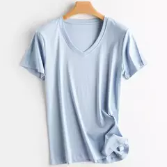Imagem do Camisetas de seda de algodão mercerizado femininas, camiseta casual simples, decote em O, manga curta, solta, reta, simples, minimalista, verão, 2023