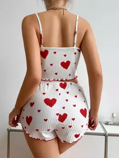 Imagem do Conjunto de pijama macio feminino, tops curtos e shorts, ventilação branca, impressão de amor, pijamas casuais, 2 peças, S, M, L