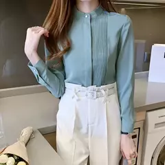 Imagem do Primavera verão moda cor sólida camisa feminina de manga longa comutando irregular botão chiffon topo feminino camisa branca das mulheres c028