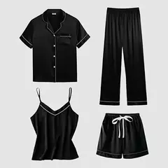 Conjunto pijama de seda de quatro peças para mulheres, cor sólida sexy, desgaste múltiplo, conjunto pijama casual, venda quente, novo, verão - Wolf Magazine