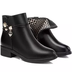 Botas de couro de strass para mulheres, sapatos de salto baixo, cabeça redonda, - comprar online