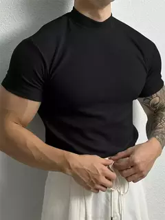 Camiseta listra de gola alta masculina, blusa fitness de manga curta, roupa esportiva de lazer, moda primavera e verão, camisa esportiva