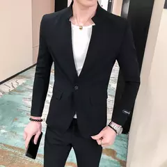 New (Blazer+ Pants) Men's Fashion Business Korean Version of Gentleman Zhongshan Stand Collar Casual British Style 2-piece Set - comprar online