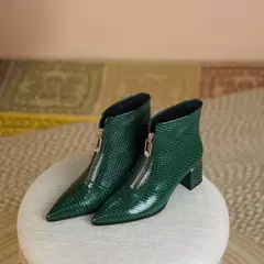 LeShion da Chanmeb-Botas femininas de couro genuíno, crocodilo verde, zíper frontal, dedo pontudo, bota curta para senhora, tamanho 33-40, novo