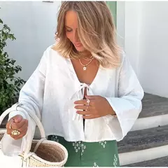 Camisas de manga folhada para mulheres, tops casuais soltos com renda, mangas curtas femininas, camisas macias com decote em v, senhora fofa, moda verão, 2024 - loja online