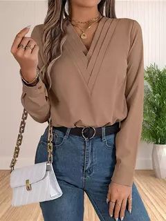 Vestido feminino de manga comprida em camadas com decote em v, tops de trabalho, roupa de escritório, blusa empresarial, 2024 - loja online