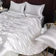 Imagem do Mulberry Silk Bedding Set, capa de edredão, lençol, fronha, lençol de cetim luxo, cor sólida, rei, rainha, completo, Twin Size