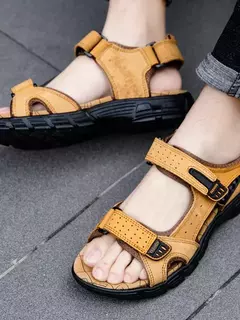 Sandálias masculinas clássicas de couro genuíno, sapatos de verão, casual, ao ar livre, praia, feriados, marca - Wolf Magazine