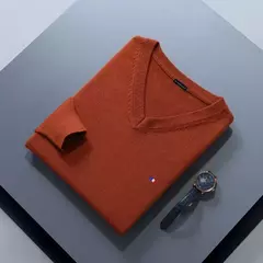 Camisola de cashmere manga comprida masculina com decote em v, pulôveres masculinos padrão, saltadores de tricô, roupas monocromáticas, venda quente na internet