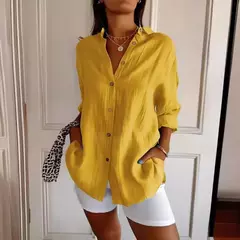 Camisa casual de algodão de linho, top de lapela, gola V, solta, monocromática, escritório, retrô, verão, moda, 2024 - comprar online