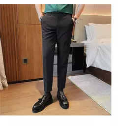 Imagem do Calça de cintura elástica cor sólida para homens, calça casual slim fit, vestido de festa social, roupas de negócios de alta qualidade