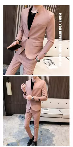 New (Blazer+ Pants) Men's Fashion Business Korean Version of Gentleman Zhongshan Stand Collar Casual British Style 2-piece Set - comprar online