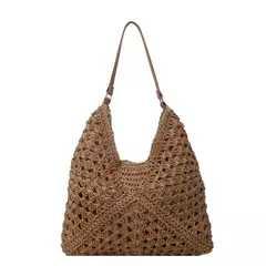 Sacola de palha vintage para mulheres, grande capacidade, bolsa de ombro de férias, bolsa casual, oca designer, bolsa de praia verão - Wolf Magazine