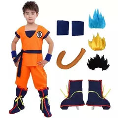Halloween adulto crianças ternos son goku gui carnaval anime cosplay trajes de férias cauda pulso peruca azul ouro crianças vestir-se
