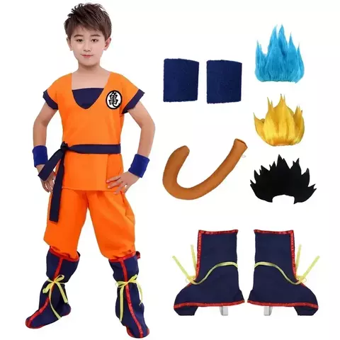 Halloween adulto crianças ternos son goku gui carnaval anime cosplay trajes de férias cauda pulso peruca azul ouro crianças vestir-se