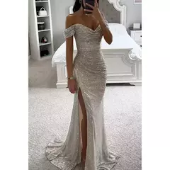 Vestido Dividido de Pescoço Uma Linha Feminino, Lantejoulas, Dividido, Versátil, Elegante, Charme, Emagrecedor, Festa, INS, Emagrecimento, S-XL Size, Novo - Wolf Magazine
