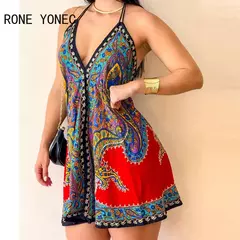 Vestido sem mangas com estampa allover feminino, com renda para cima, decote em V profundo, sem encosto, mini linha A vestidos sexy - comprar online