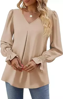Nova camisa feminina de chiffon de cor sólida com decote em v pulôver queimado manga comprida camisa superior senhora do escritório elegante cáqui blusas soltas na internet