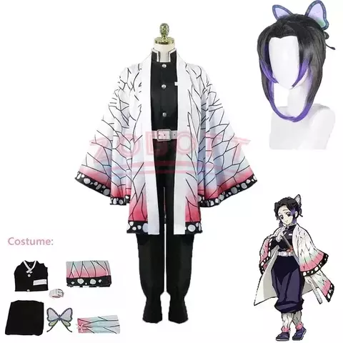 Anime demônio slayer kimetsu não yaiba kochou shinobu cosplay traje peruca conjunto quimono uniforme halloween anime trajes para adulto criança