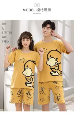 Desenhos animados pato impressão pijama conjuntos para jovens amantes, pijamas de algodão, ternos curtos para casais, moda homewear, verão, 4XL