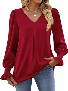 Nova camisa feminina de chiffon de cor sólida com decote em v pulôver queimado manga comprida camisa superior senhora do escritório elegante cáqui blusas soltas - comprar online