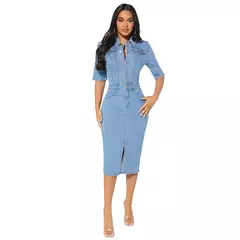 Vestido feminino de comprimento médio com botões elásticos, saia jeans, saia de quadril, manga curta, tendência, outono - comprar online