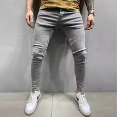 Calças jeans skinny rasgadas elásticas masculinas, bordado branco, algodão, hip hop, buraco negro, slim fit, calças jeans grandes, alta qualidade - loja online