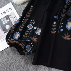 Blusa Bordada Manga Lanterna Longa com Decote V para Mulheres, Moda Casual, Camisas Vintage, Tops Femininos Minoritários, Drop Shipping, Outono - loja online