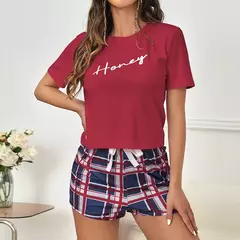 Conjunto pijama xadrez feminino, top e shorts casuais de manga curta, pijamas femininos, pijamas para casa, loungewear, 2 peças, verão, 2024 - comprar online