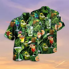 Imagem do Camisa havaiana com estampa 3D masculina papagaio, blusa de praia casual manga curta, camisa lapela vocacional, moda menino