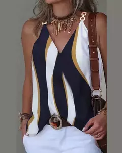 Imagem do Camisola de alças sem mangas estampada listrada feminina, gola em v com fivela de metal, pulôver solto, blusa feminina, verão, 2024