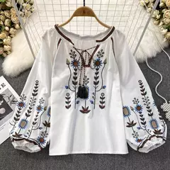 Blusa Bordada Manga Lanterna Longa com Decote V para Mulheres, Moda Casual, Camisas Vintage, Tops Femininos Minoritários, Drop Shipping, Outono - loja online