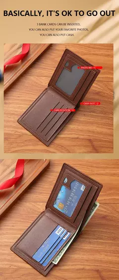 Imagem do Carteira de couro sintético curta bifold masculina, titular do cartão de identificação de crédito bolsa billfold, Business Slim Clutch, monocromática