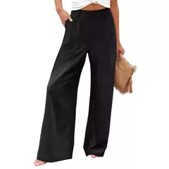 Calça larga de linho de algodão feminina, comprimento total, casual, monocromática, solta, cintura alta, reto, botão, verão na internet