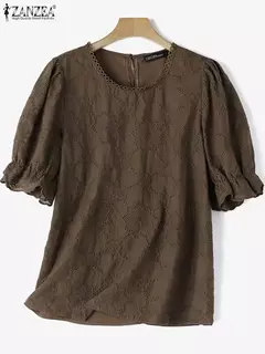 ZANZEA-blusa de renda oca para mulheres, tops de manga curta folhada, túnica chique, tecido texturizado, moda coreana, verão, 2024 - comprar online